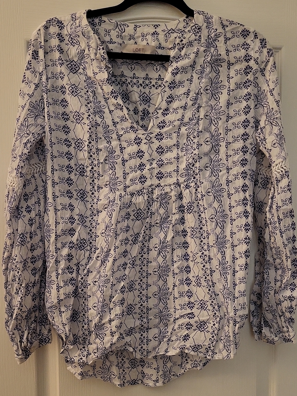 LOFT White Blouse with Navy Floral Stripe Print